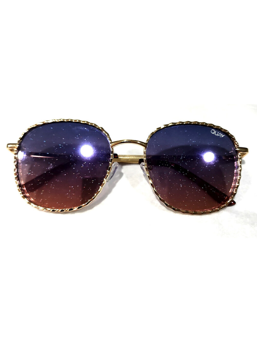 QUAY Jezebell Twist Gold Blue Pink Glitter Lenses Square Oversized Sunglasses